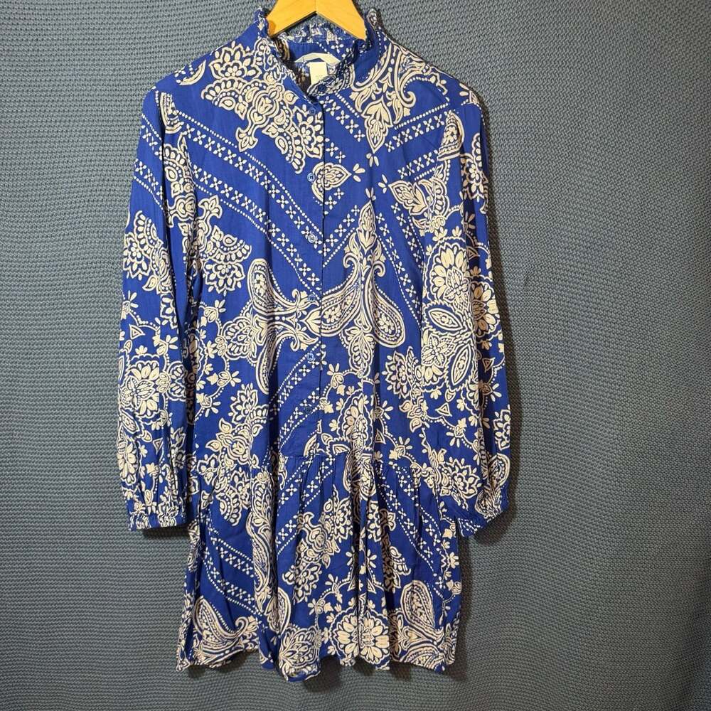H&M Blue White Paisley Button Front Mini Dress Size M
